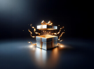 A silver gift box with a gold ribbon magically opens, releasing golden confetti and sparkling light against a dark background.  The scene evokes excitement and wonder.