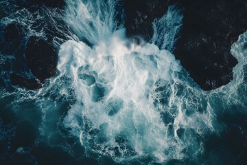 Ocean waves crashing rocks aerial view, dark background
