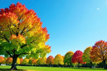 Lush green trees with vibrant orange red and yellow leaves against a clear blue sky, outdoors, trees