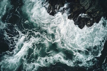 Obraz premium Aerial view of ocean waves crashing against dark rocks, stormy background, nature texture