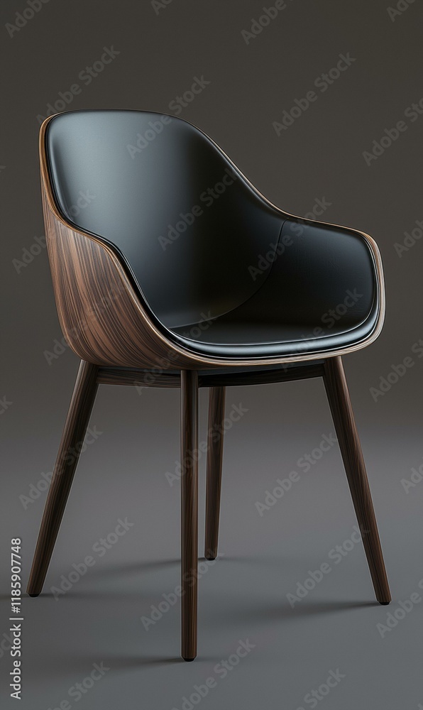 Wall mural Modern chair with wood legs and black leather seat. AI.