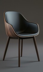 Modern chair with wood legs and black leather seat. AI.