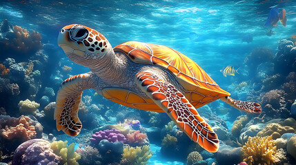 Sea Turtle Swims Gracefully Through Vibrant Coral Reef Ecosystem