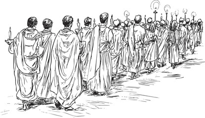 Illustration of a religious procession with figures in robes holding candles.