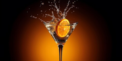 A refreshing citrus cocktail, perfectly crafted. The vibrant orange slice adds a touch of elegance as the liquid splashes artistically. Cheers to the perfect moment!
