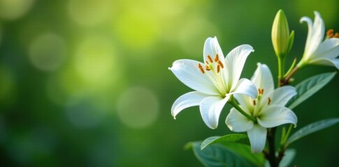 Fototapeta premium Fragrant white flowers blooming on evergreen branches, lilyofthelavalley, garden