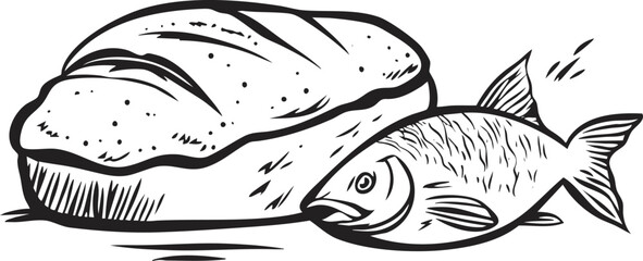 Fototapeta premium Black and white illustration of bread and fish in a sketch style.
