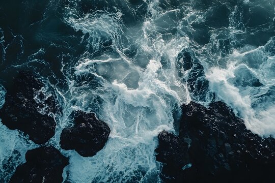Aerial ocean waves crashing rocky coast, sunset