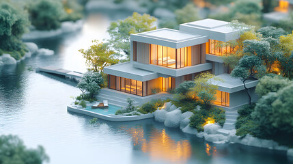 Obraz premium Thai modern minimalist architecture in isometric 3D with sleek geometric patterns