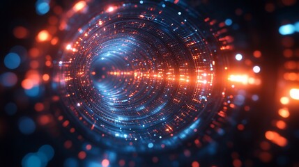 Abstract glowing tunnel with vibrant orange and blue lights.