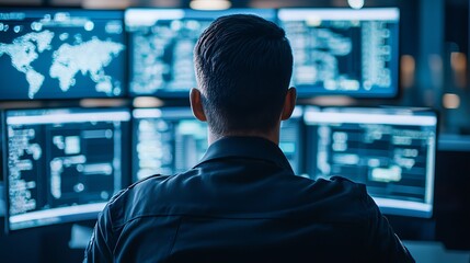 A focused individual monitors multiple screens displaying data and maps, immersed in analysis within a high-tech environment.