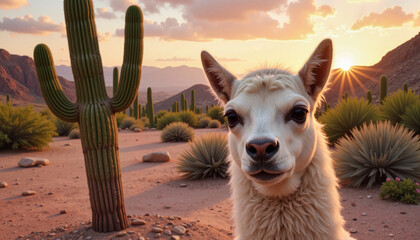 Curious llama gazing at sunset in desert landscape, nature's beauty