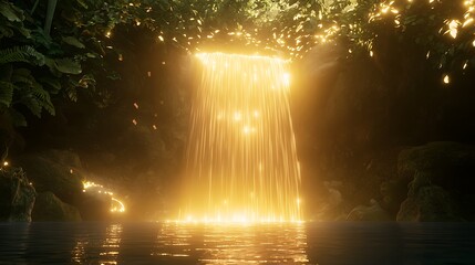 A waterfall with a golden glow