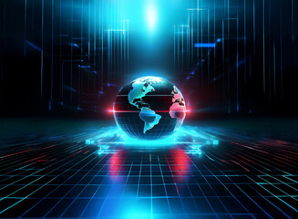 A digital globe hovers on a glowing platform, surrounded by abstract, futuristic cityscapes.  Bright blue and red lights illuminate the scene, suggesting technological advancement and global connectiv