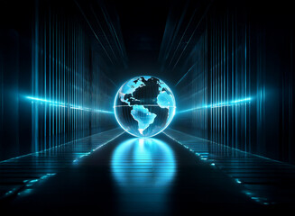 A glowing, translucent Earth floats in a dark, futuristic corridor.  Neon blue lines create a sense of depth and speed, highlighting the global connection.