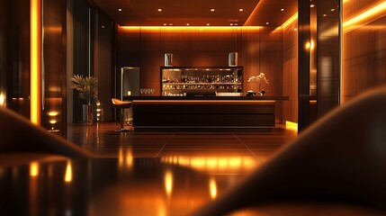 A high-end bar interior featuring luxurious materials such as dark wood finishes, leather chairs, and soft, moody lighting for an elegant vibe