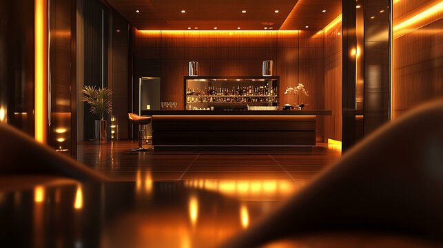 A high-end bar interior featuring luxurious materials such as dark wood finishes, leather chairs, and soft, moody lighting for an elegant vibe