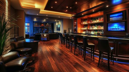 A high-end bar interior featuring luxurious materials such as dark wood finishes, leather chairs, and soft, moody lighting for an elegant vibe