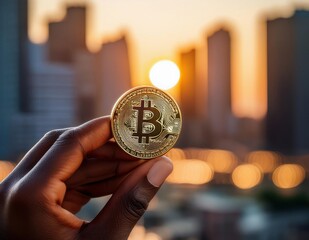 A person's hands holding a single golden Bitcoin coin with a blurred urban cityscape in the background, symbolizing digital currency in real-world applications