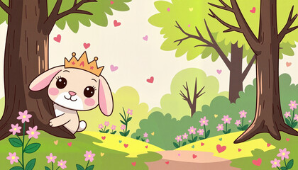 Naklejka premium Cute rabbit peeking from tree in spring forest, playful celebration