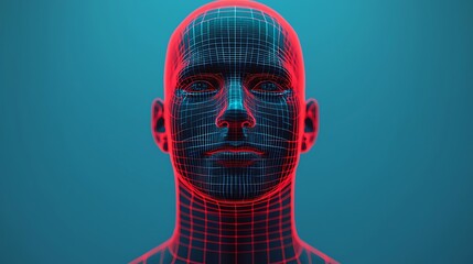 A futuristic digital face with a neon wireframe design, showcasing circuits and grid patterns against a blue background.