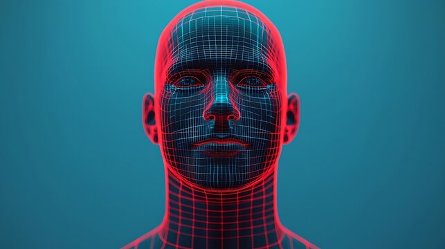 A futuristic digital face with a neon wireframe design, showcasing circuits and grid patterns against a blue background.