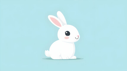Fototapeta premium Cute cartoon white rabbit sitting on light blue background.