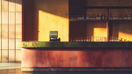 A nostalgic bar counter scene with muted colors and visible grain, softly lit to highlight the reflective surface of the polished wood