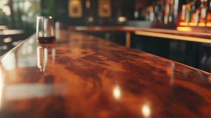 Obraz premium A nostalgic bar counter scene with muted colors and visible grain, softly lit to highlight the reflective surface of the polished wood