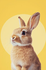 Fototapeta premium cute brown rabbit sitting in front of a yellow circular background with soft pastel tones. The minimalist design highlights the delicate fur of the rabbit, making it ideal for spring or Easter 