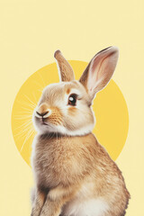 Obraz premium cute brown rabbit sitting in front of a yellow circular background with soft pastel tones. The minimalist design highlights the delicate fur of the rabbit, making it ideal for spring or Easter 
