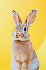 Obraz premium cute brown rabbit sitting in front of a yellow circular background with soft pastel tones. The minimalist design highlights the delicate fur of the rabbit, making it ideal for spring or Easter 