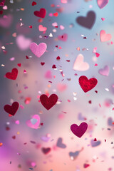 Obraz premium Colorful heart-shaped confetti, some solid and some translucent, are scattered across a soft lilac background with a dynamic, motion-blurred effect. 