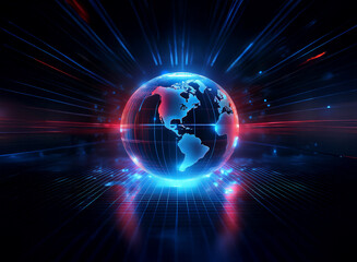 A glowing, translucent Earth sphere, encircled by vibrant red and blue energy beams, evokes a sense of global connectivity and technological advancement.  The image suggests speed, innovation, and the