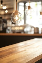 Stylish wooden table top ready for product display in modern cafe with elegant hanging lights and inviting atmosphere
