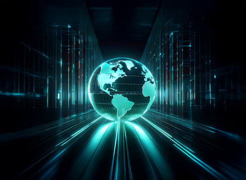 A glowing Earth rests at the center of a futuristic data center, surrounded by streaks of light representing global connectivity and digital flow.  The scene evokes concepts of worldwide networking an