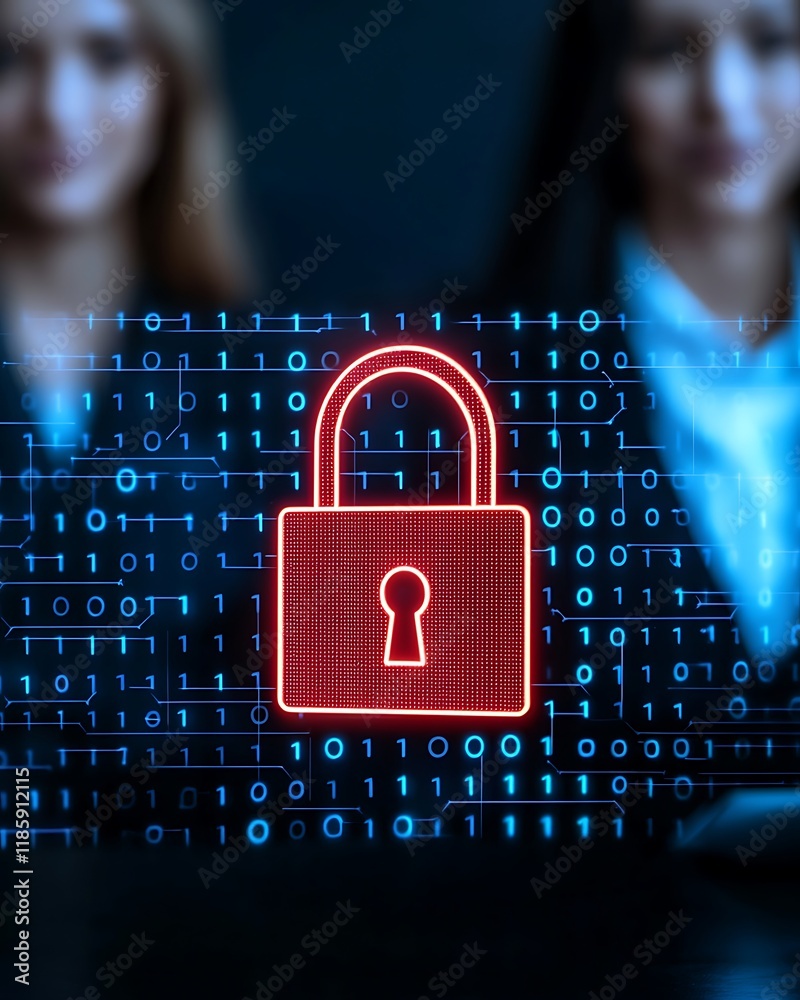 Wall mural A digital padlock symbol overlaid on a binary code background, representing cybersecurity and data protection, with two professionals blurred in the background.