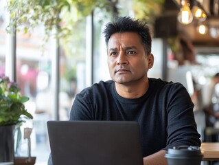 Contemplative Man in Cafe with Laptop