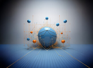 Abstract 3D rendering of a central blue sphere connected by thin lines to smaller orange and blue spheres, set against a light gray background and blue floor with converging lines.  The image evokes c