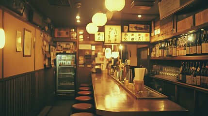 A softly illuminated bar counter with a blurred focus and nostalgic Polaroid grain, the warm tones creating a retro, introspective mood