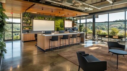 Naklejka premium Modern office lounge, hilltop view, breakroom, meeting space, sunlight