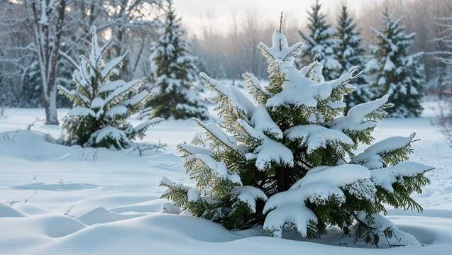Snow-covered pine and fir trees create a beautiful winter landscape in the white, snowy forest