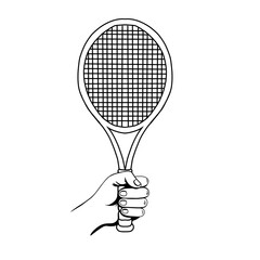 Hand with tennis racket. Hand drawn sketch drawing. Mans hand holding Tennis racquet. Sport equipment for Print, poster, banner, ads, emblem design. Vector illustration