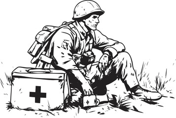 Illustration of a military medic resting with a first aid kit.