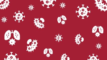 Minimalist medical illustration of viruses and bacteria icons with lungs on red background. Representing healthcare, infection control, and disease awareness