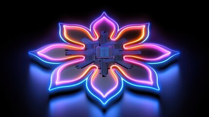Obraz premium Vibrant Neon Flower with Integrated Circuit Design Abstract Technology Background