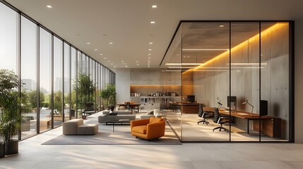 Obraz premium 3D modern office with natural light emphasizing collaborative work areas