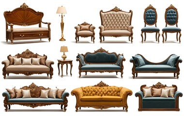 Collection of Luxurious Interior Furniture (Bed, Sofa, Clothes Rack, Lamp, Bench, Seat, Chair, Bedchamber) Isolated on White Background