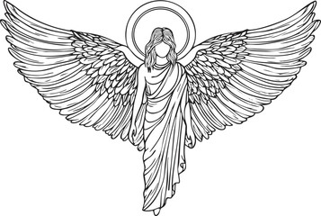 Obraz premium Line art illustration of an angel with wings and halo.