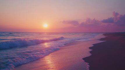 Obraz premium Sunset on a beach with soft waves and pink sky